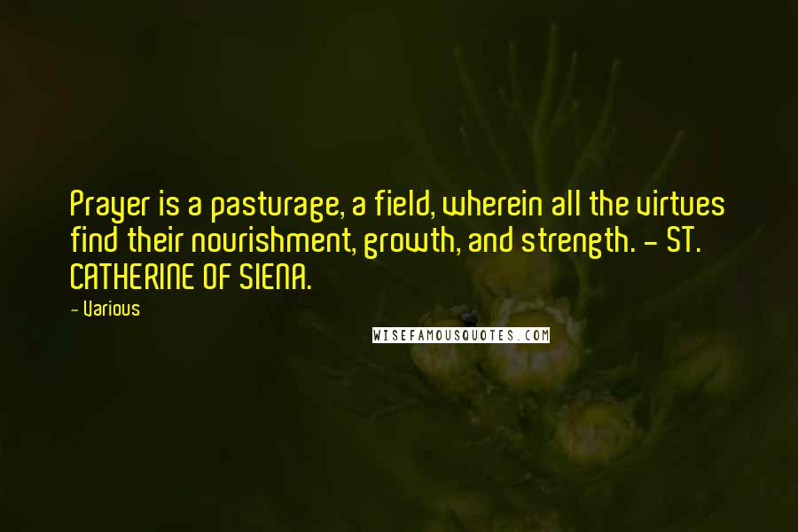 Various Quotes: Prayer is a pasturage, a field, wherein all the virtues find their nourishment, growth, and strength. - ST. CATHERINE OF SIENA.