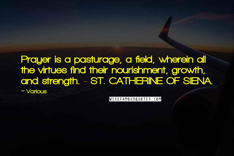 Various Quotes: Prayer is a pasturage, a field, wherein all the virtues find their nourishment, growth, and strength. - ST. CATHERINE OF SIENA.
