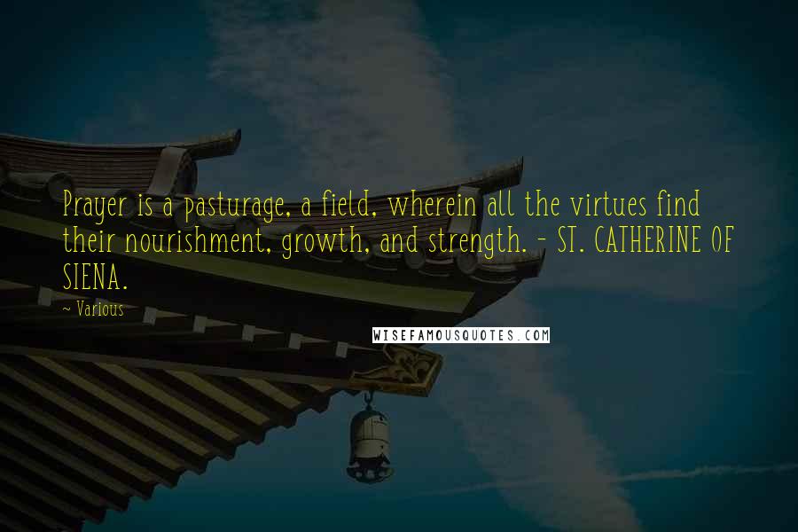 Various Quotes: Prayer is a pasturage, a field, wherein all the virtues find their nourishment, growth, and strength. - ST. CATHERINE OF SIENA.
