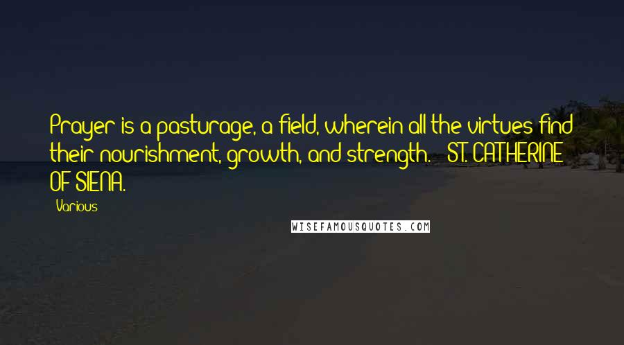 Various Quotes: Prayer is a pasturage, a field, wherein all the virtues find their nourishment, growth, and strength. - ST. CATHERINE OF SIENA.