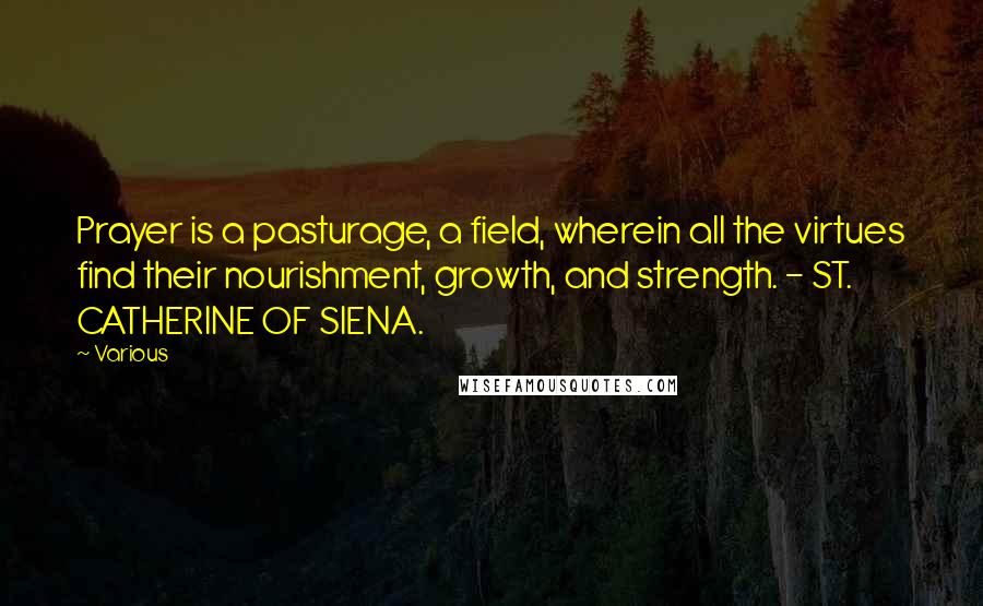 Various Quotes: Prayer is a pasturage, a field, wherein all the virtues find their nourishment, growth, and strength. - ST. CATHERINE OF SIENA.