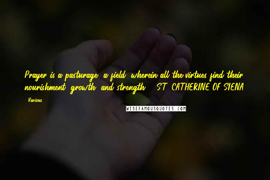 Various Quotes: Prayer is a pasturage, a field, wherein all the virtues find their nourishment, growth, and strength. - ST. CATHERINE OF SIENA.