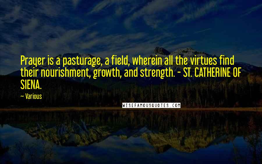 Various Quotes: Prayer is a pasturage, a field, wherein all the virtues find their nourishment, growth, and strength. - ST. CATHERINE OF SIENA.