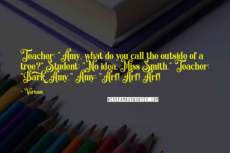 Various Quotes: Teacher: "Amy, what do you call the outside of a tree?" Student: "No idea, Miss Smith." Teacher: "Bark, Amy." Amy: "Arf! Arf! Arf!