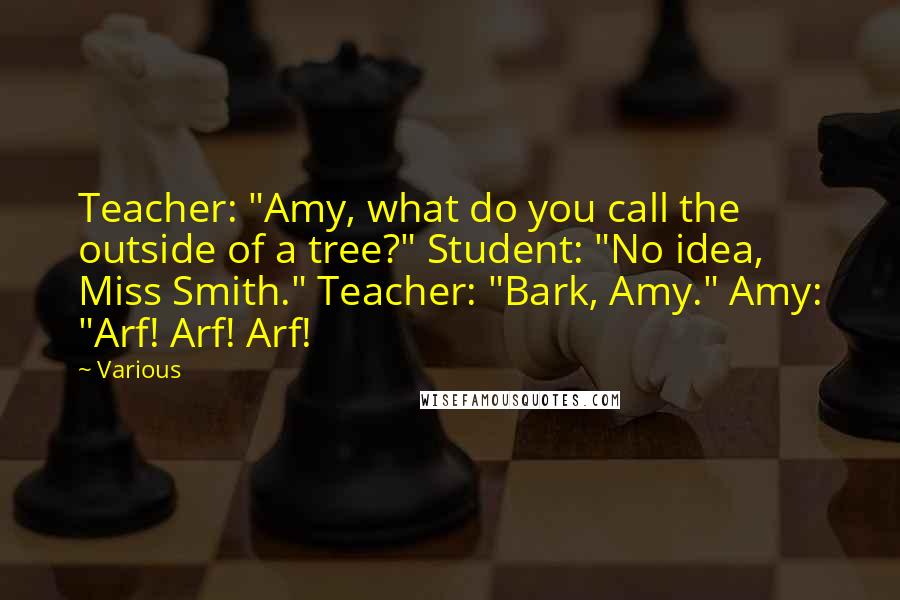 Various Quotes: Teacher: "Amy, what do you call the outside of a tree?" Student: "No idea, Miss Smith." Teacher: "Bark, Amy." Amy: "Arf! Arf! Arf!