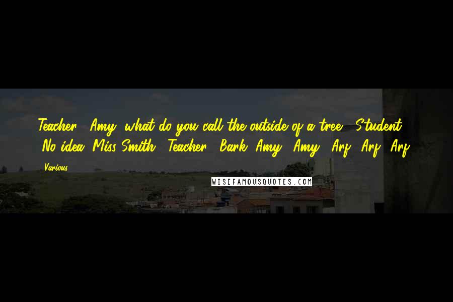 Various Quotes: Teacher: "Amy, what do you call the outside of a tree?" Student: "No idea, Miss Smith." Teacher: "Bark, Amy." Amy: "Arf! Arf! Arf!