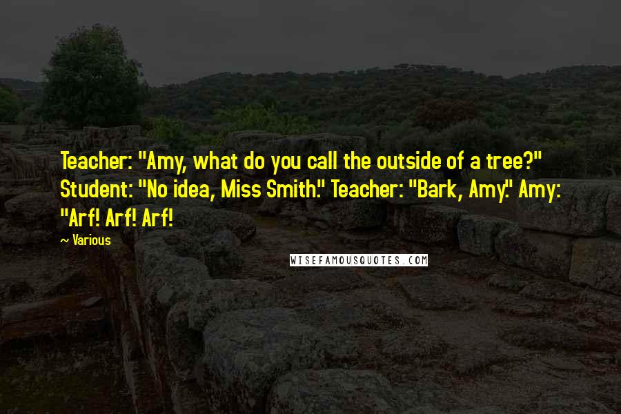 Various Quotes: Teacher: "Amy, what do you call the outside of a tree?" Student: "No idea, Miss Smith." Teacher: "Bark, Amy." Amy: "Arf! Arf! Arf!