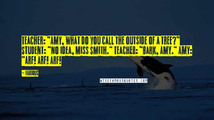 Various Quotes: Teacher: "Amy, what do you call the outside of a tree?" Student: "No idea, Miss Smith." Teacher: "Bark, Amy." Amy: "Arf! Arf! Arf!