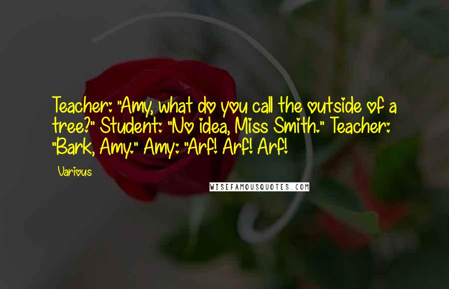 Various Quotes: Teacher: "Amy, what do you call the outside of a tree?" Student: "No idea, Miss Smith." Teacher: "Bark, Amy." Amy: "Arf! Arf! Arf!