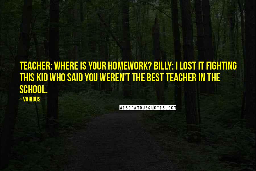 Various Quotes: Teacher: Where is your homework? Billy: I lost it fighting this kid who said you weren't the best teacher in the school.