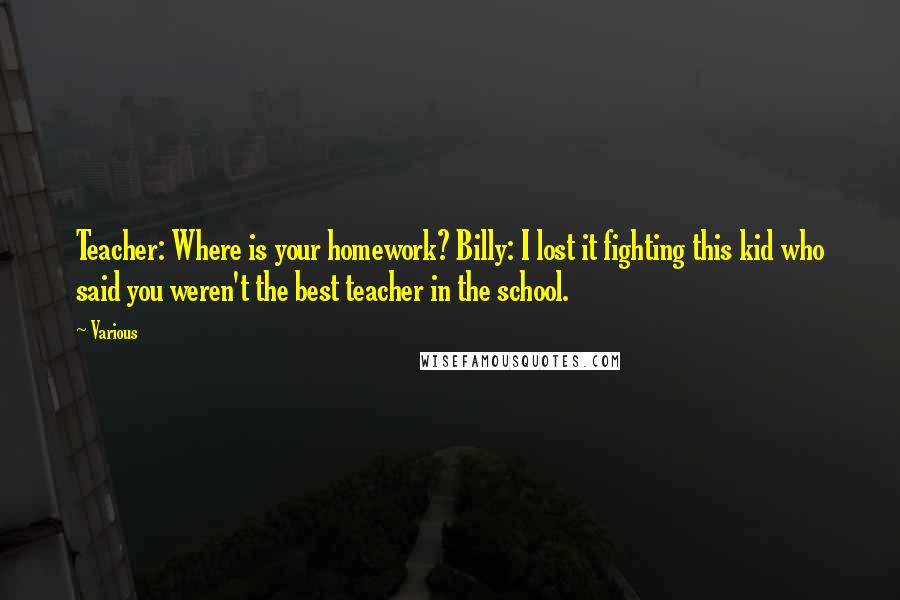 Various Quotes: Teacher: Where is your homework? Billy: I lost it fighting this kid who said you weren't the best teacher in the school.
