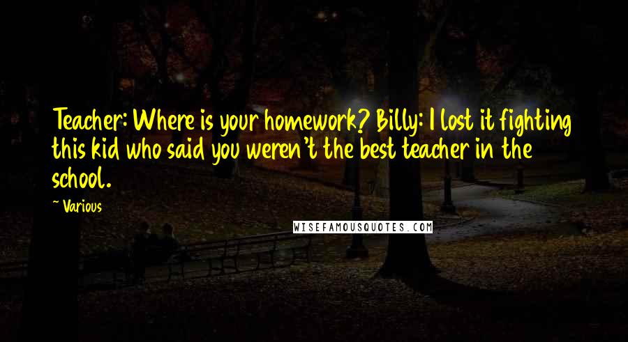 Various Quotes: Teacher: Where is your homework? Billy: I lost it fighting this kid who said you weren't the best teacher in the school.