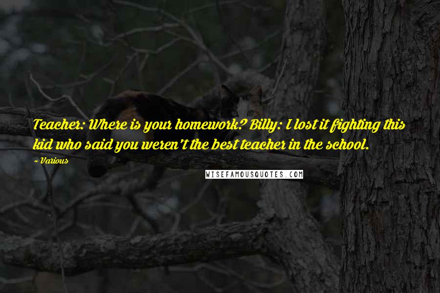 Various Quotes: Teacher: Where is your homework? Billy: I lost it fighting this kid who said you weren't the best teacher in the school.