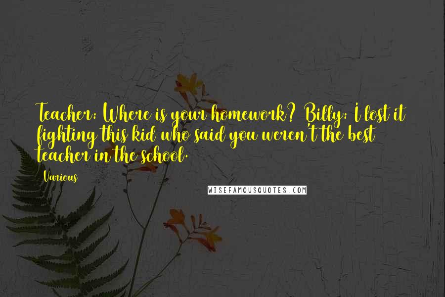 Various Quotes: Teacher: Where is your homework? Billy: I lost it fighting this kid who said you weren't the best teacher in the school.