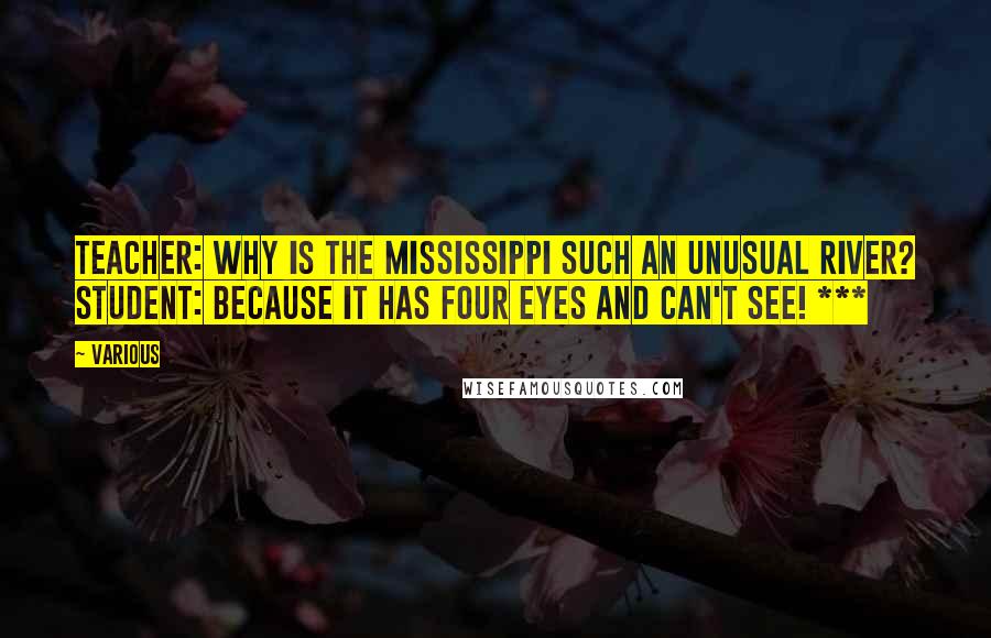 Various Quotes: Teacher: Why is the Mississippi such an unusual river? Student: Because it has four eyes and can't see! ***