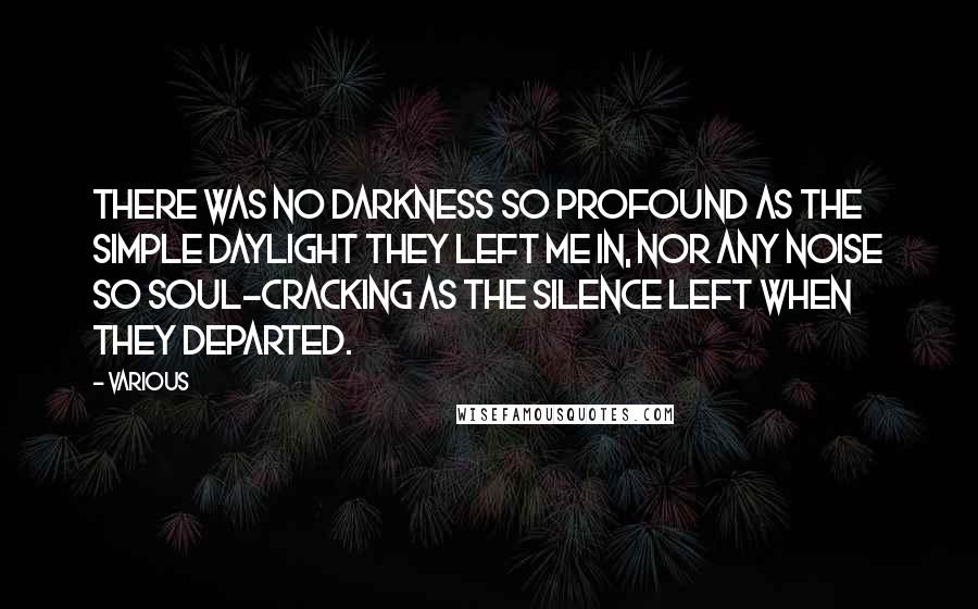 Various Quotes: There was no darkness so profound as the simple daylight they left me in, nor any noise so soul-cracking as the silence left when they departed.