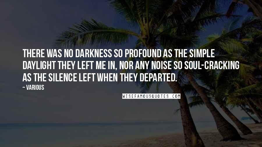 Various Quotes: There was no darkness so profound as the simple daylight they left me in, nor any noise so soul-cracking as the silence left when they departed.