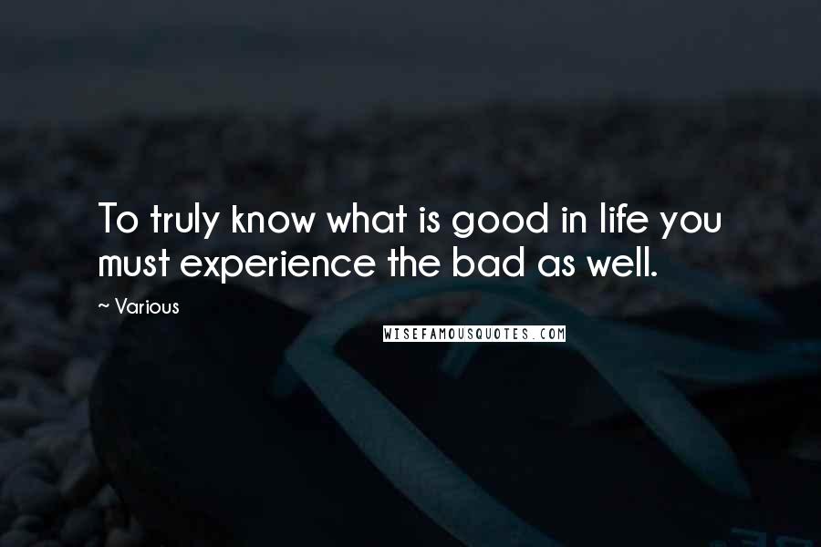 Various Quotes: To truly know what is good in life you must experience the bad as well.