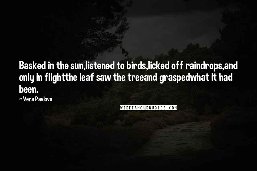 Vera Pavlova Quotes: Basked in the sun,listened to birds,licked off raindrops,and only in flightthe leaf saw the treeand graspedwhat it had been.