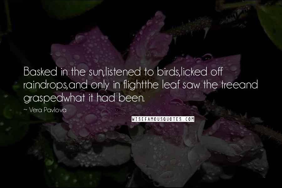 Vera Pavlova Quotes: Basked in the sun,listened to birds,licked off raindrops,and only in flightthe leaf saw the treeand graspedwhat it had been.