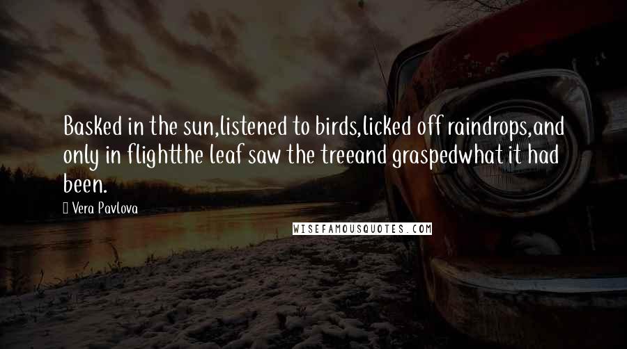 Vera Pavlova Quotes: Basked in the sun,listened to birds,licked off raindrops,and only in flightthe leaf saw the treeand graspedwhat it had been.