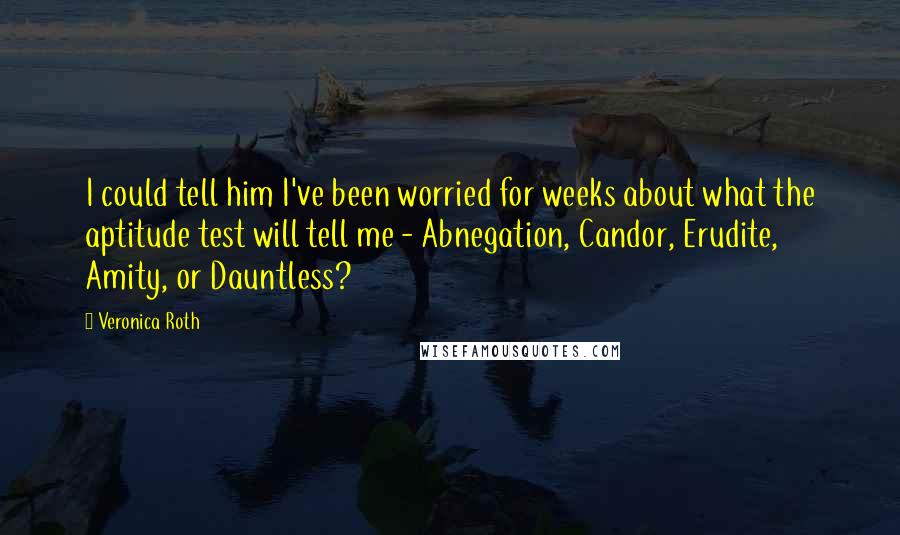 Veronica Roth Quotes: I could tell him I've been worried for weeks about what the aptitude test will tell me - Abnegation, Candor, Erudite, Amity, or Dauntless?
