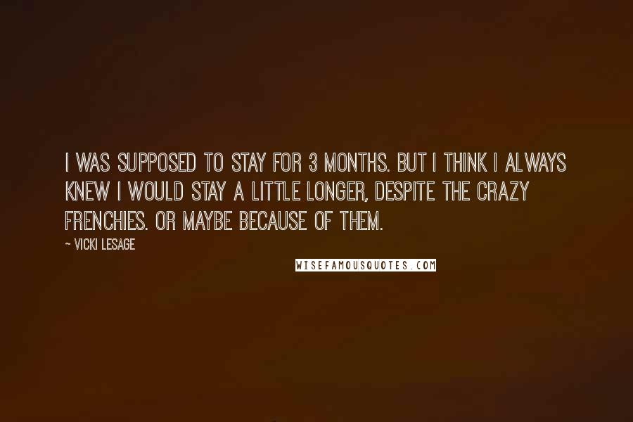 Vicki Lesage Quotes: I was supposed to stay for 3 months. But I think I always knew I would stay a little longer, despite the crazy Frenchies. Or maybe because of them.