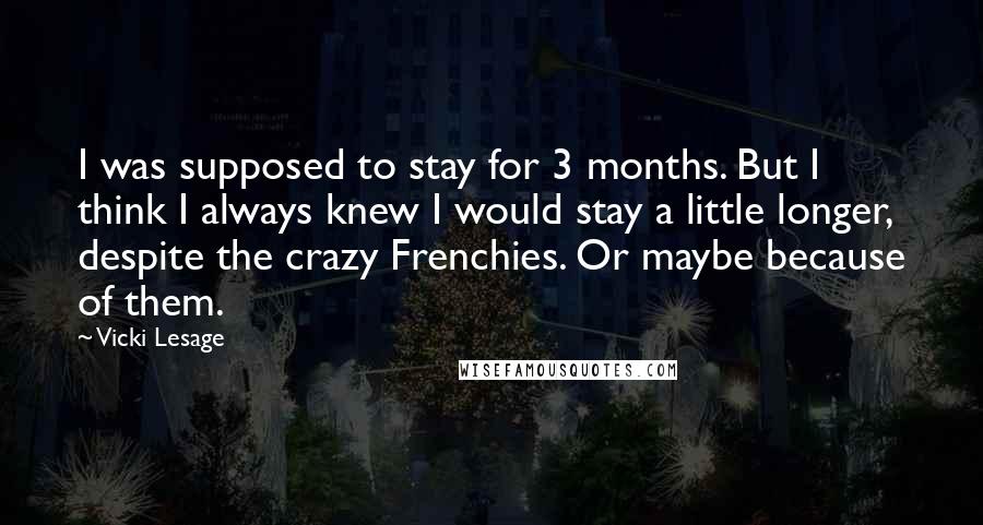 Vicki Lesage Quotes: I was supposed to stay for 3 months. But I think I always knew I would stay a little longer, despite the crazy Frenchies. Or maybe because of them.