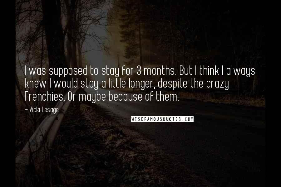 Vicki Lesage Quotes: I was supposed to stay for 3 months. But I think I always knew I would stay a little longer, despite the crazy Frenchies. Or maybe because of them.