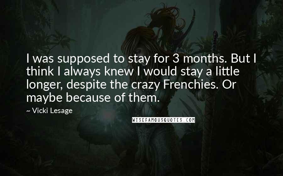 Vicki Lesage Quotes: I was supposed to stay for 3 months. But I think I always knew I would stay a little longer, despite the crazy Frenchies. Or maybe because of them.