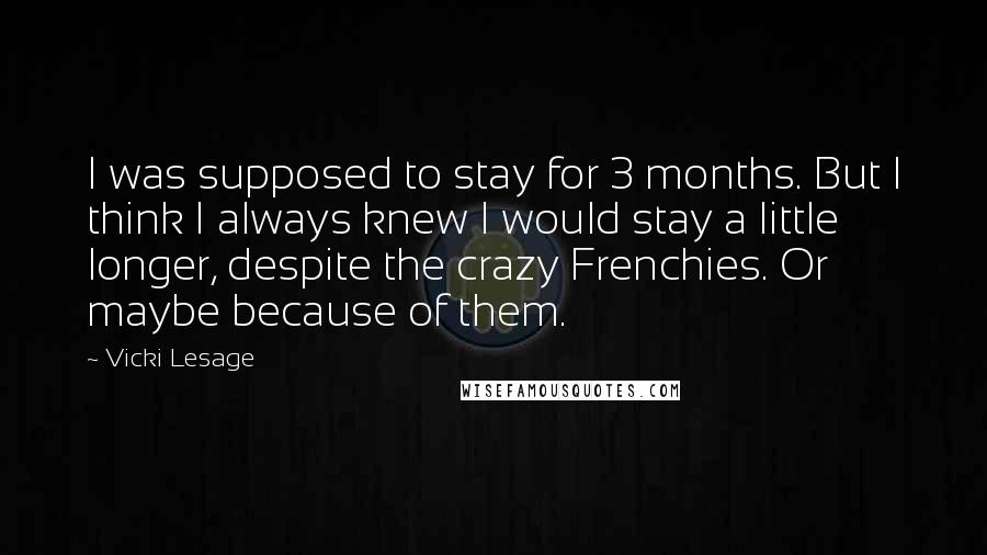 Vicki Lesage Quotes: I was supposed to stay for 3 months. But I think I always knew I would stay a little longer, despite the crazy Frenchies. Or maybe because of them.