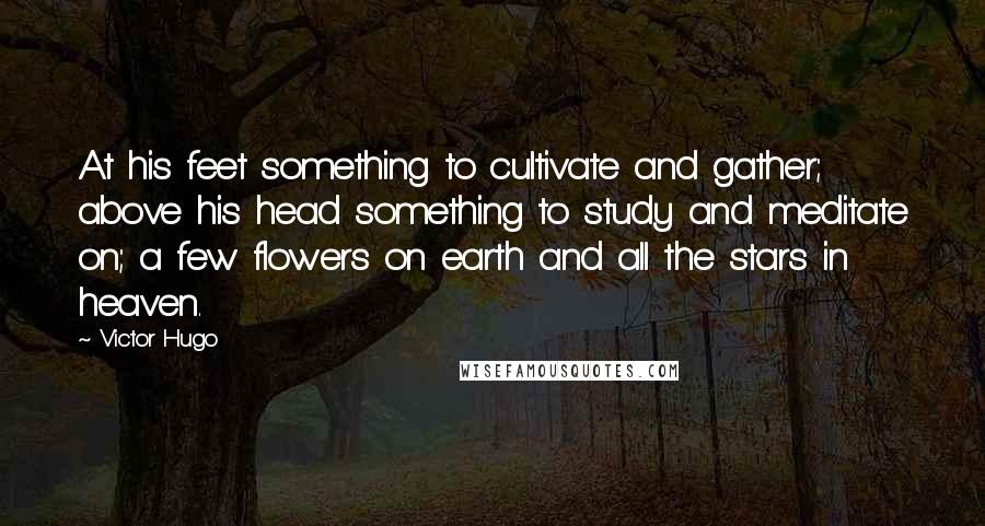 Victor Hugo Quotes: At his feet something to cultivate and gather; above his head something to study and meditate on; a few flowers on earth and all the stars in heaven.