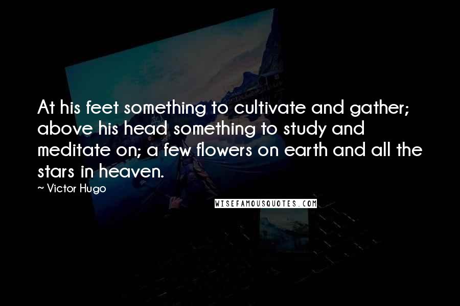Victor Hugo Quotes: At his feet something to cultivate and gather; above his head something to study and meditate on; a few flowers on earth and all the stars in heaven.