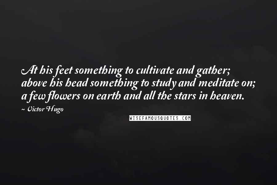 Victor Hugo Quotes: At his feet something to cultivate and gather; above his head something to study and meditate on; a few flowers on earth and all the stars in heaven.