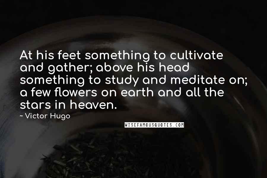 Victor Hugo Quotes: At his feet something to cultivate and gather; above his head something to study and meditate on; a few flowers on earth and all the stars in heaven.