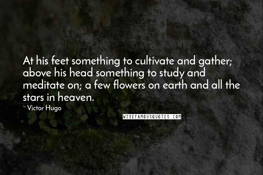 Victor Hugo Quotes: At his feet something to cultivate and gather; above his head something to study and meditate on; a few flowers on earth and all the stars in heaven.