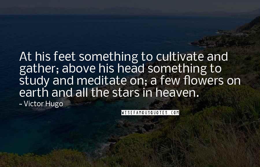 Victor Hugo Quotes: At his feet something to cultivate and gather; above his head something to study and meditate on; a few flowers on earth and all the stars in heaven.