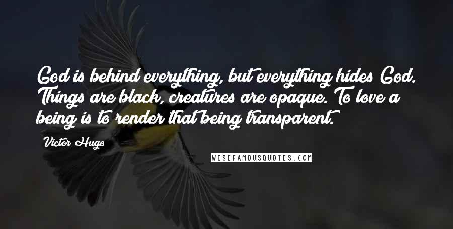 Victor Hugo Quotes: God is behind everything, but everything hides God. Things are black, creatures are opaque. To love a being is to render that being transparent.