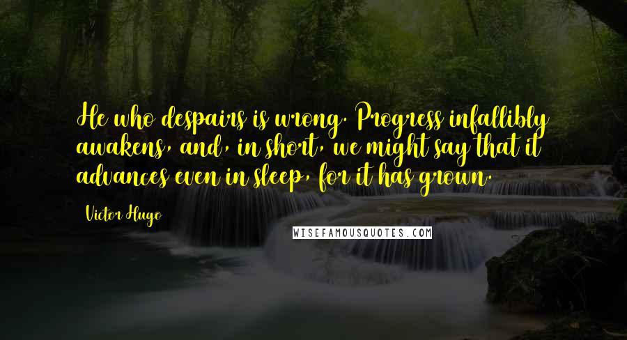 Victor Hugo Quotes: He who despairs is wrong. Progress infallibly awakens, and, in short, we might say that it advances even in sleep, for it has grown.