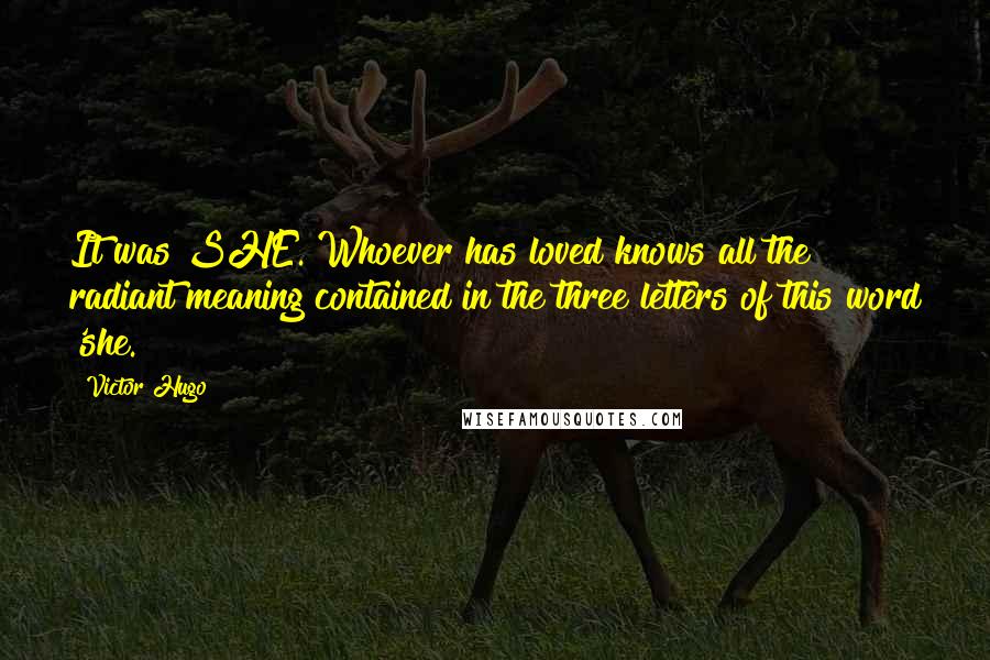 Victor Hugo Quotes: It was SHE. Whoever has loved knows all the radiant meaning contained in the three letters of this word 'she.