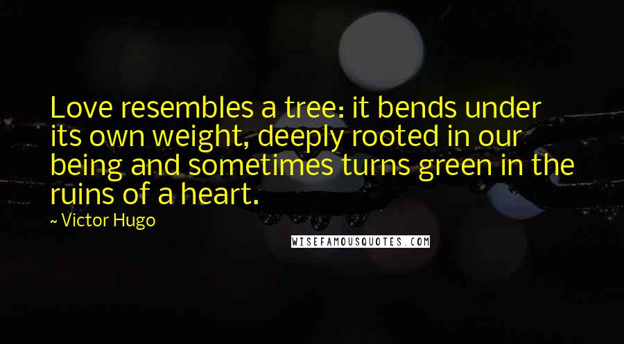 Victor Hugo Quotes: Love resembles a tree: it bends under its own weight, deeply rooted in our being and sometimes turns green in the ruins of a heart.