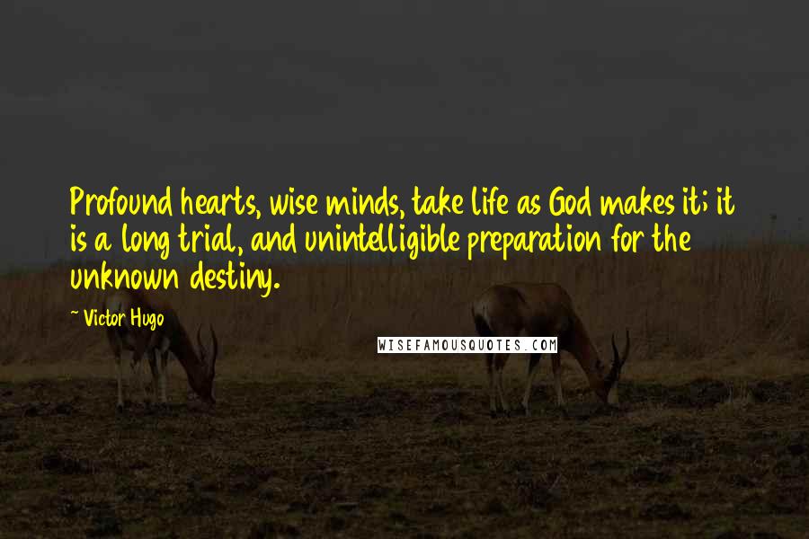 Victor Hugo Quotes: Profound hearts, wise minds, take life as God makes it; it is a long trial, and unintelligible preparation for the unknown destiny.
