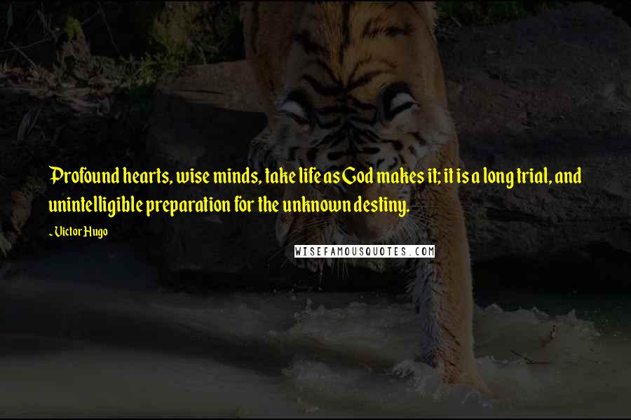 Victor Hugo Quotes: Profound hearts, wise minds, take life as God makes it; it is a long trial, and unintelligible preparation for the unknown destiny.