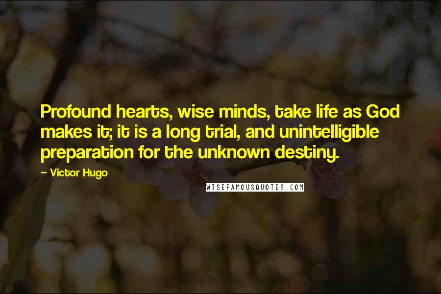 Victor Hugo Quotes: Profound hearts, wise minds, take life as God makes it; it is a long trial, and unintelligible preparation for the unknown destiny.