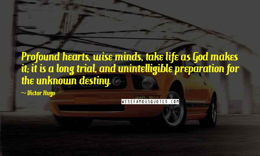 Victor Hugo Quotes: Profound hearts, wise minds, take life as God makes it; it is a long trial, and unintelligible preparation for the unknown destiny.