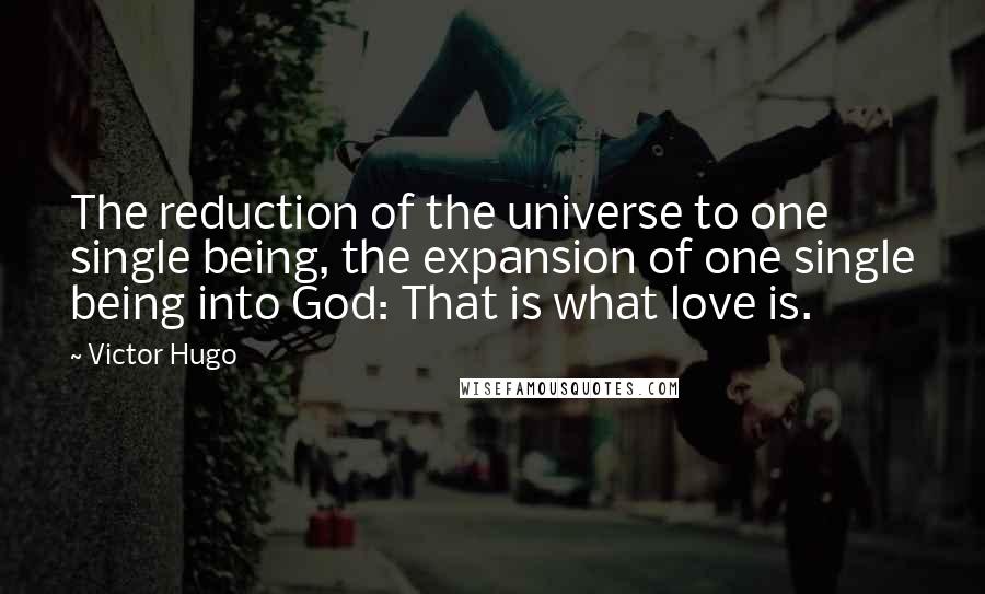 Victor Hugo Quotes: The reduction of the universe to one single being, the expansion of one single being into God: That is what love is.