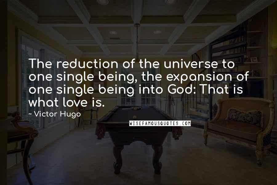 Victor Hugo Quotes: The reduction of the universe to one single being, the expansion of one single being into God: That is what love is.