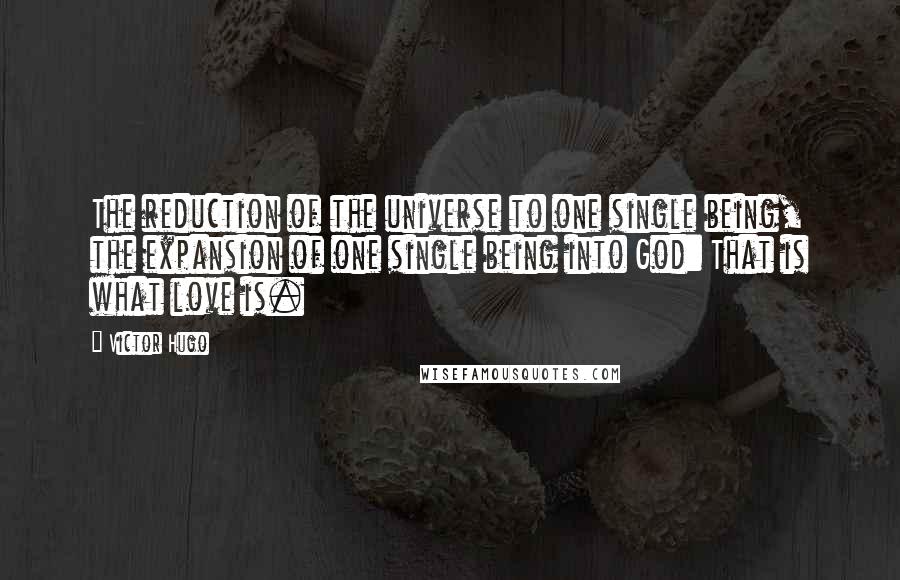 Victor Hugo Quotes: The reduction of the universe to one single being, the expansion of one single being into God: That is what love is.
