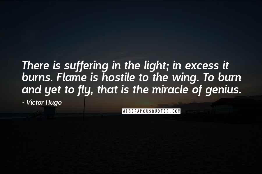 Victor Hugo Quotes: There is suffering in the light; in excess it burns. Flame is hostile to the wing. To burn and yet to fly, that is the miracle of genius.