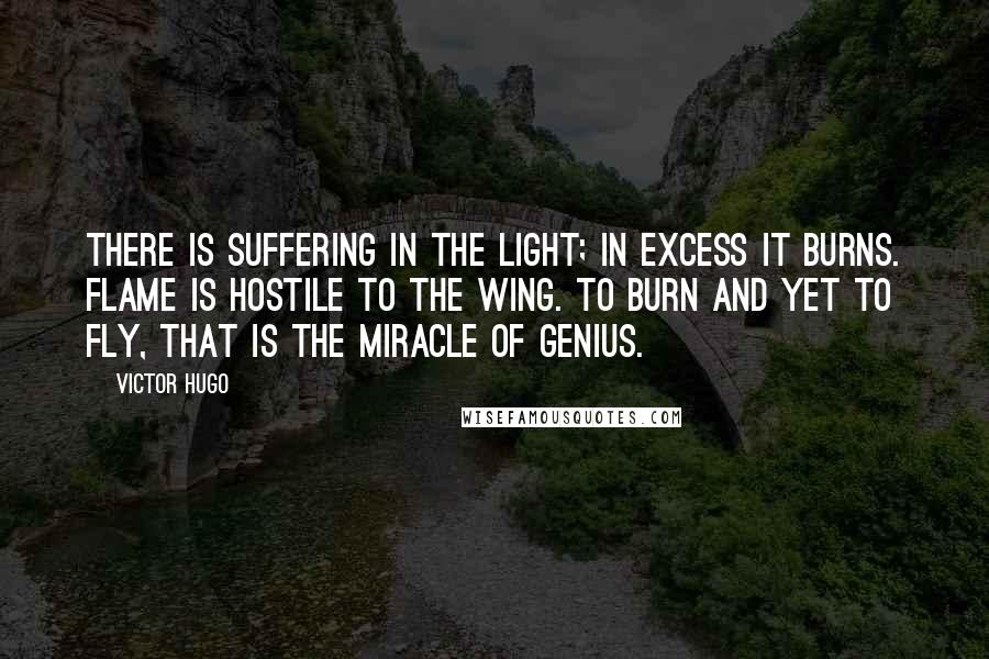 Victor Hugo Quotes: There is suffering in the light; in excess it burns. Flame is hostile to the wing. To burn and yet to fly, that is the miracle of genius.